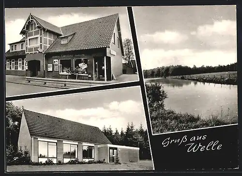 AK Welle / Lüneburger Heide, Feinkost Carstens, Gebäude und See