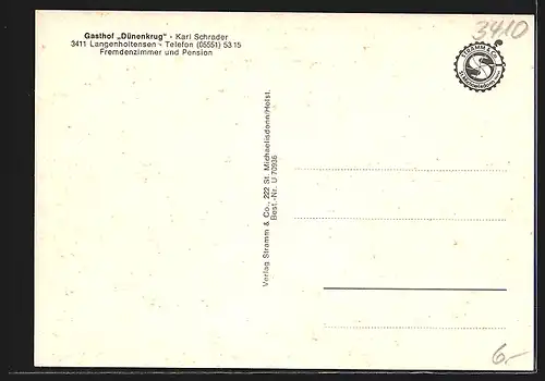 AK Langenholtensen, Gasthof Dünenkrug, Bes. Karl Schrader, Aussen- und Innenansicht, Ortspanorama