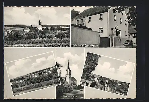 AK Waldbrunn / Ufr., Bäckerei & Gem.-Waren, Teilansicht, Blick zur Kirche