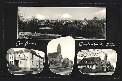 AK Oerlenbach / Bad Kissingen, Kirche, Gasthaus zur Rose, Bes. E. Büttner, Gesamtansicht