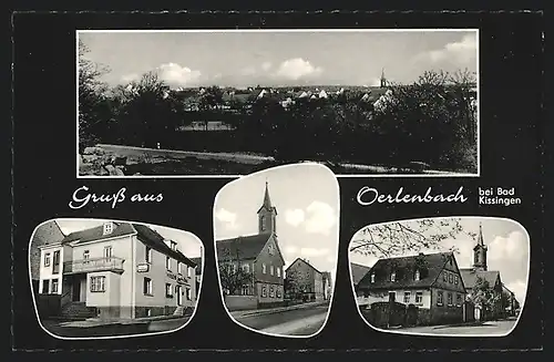AK Oerlenbach / Bad Kissingen, Gasthaus zur Rose, Bes. E. Büttner, Kirche, Totalansicht