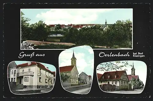 AK Oerlenbach / Bad Kissingen, Gasthaus zur Rose, Bes. E. Büttner, Kirche, Totalansicht