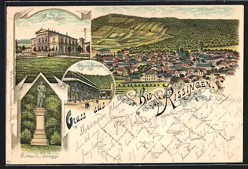 Lithographie Bad Kissingen, Kurhaus, Rakoczy-Brunnen, Totalansicht