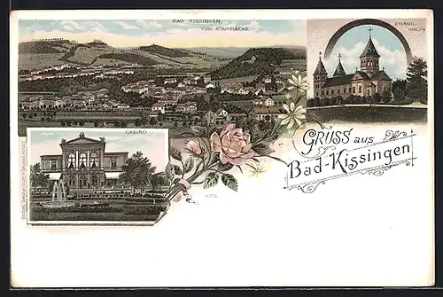 Lithographie Bad Kissingen, Casino, evangelische Kirche und Blick vom Staffelberg