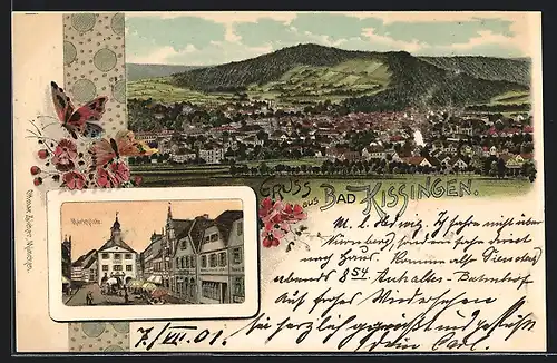 Lithographie Bad Kissingen, Marktplatz und Ortsansicht