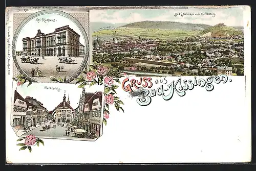 Lithographie Bad Kissingen, Kgl. Kurhaus, Marktplatz, Panorama