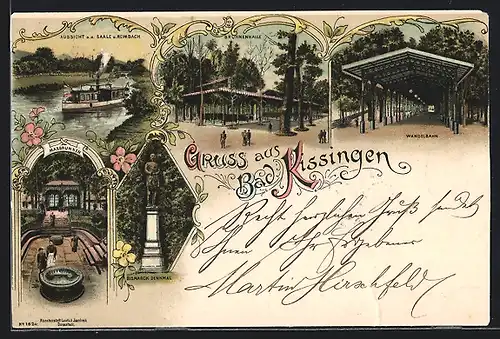 Lithographie Bad Kissingen, Maxbrunnen, Bismarck-Denkmal, Wandelbahn, Brunnenhalle