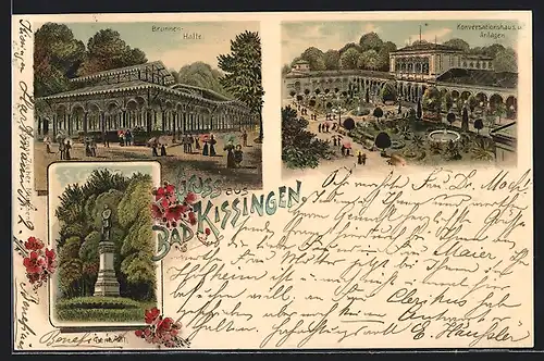 Lithographie Bad Kissingen, Konversationshaus u. Anlagen, Brunnen-Halle, Denkmal