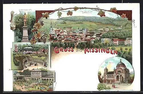 Lithographie Bad Kissingen, Russ. Kirche, Maxbrunnen, Universitätshaus, Totale