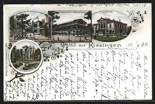 Lithographie Bad Kissingen, Rakoczy-Brunnen, Casino, Kurgarten & Colonnaden, Ludwigsthurm