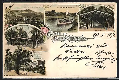 Lithographie Bad Kissingen, Brunnenhalle, Konversations-Gebäude und Wandelbahn