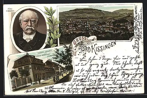 Lithographie Bad Kissingen, Totalansicht, Obere Saline mit Fürst Bismarck-Wohnung, Portrait