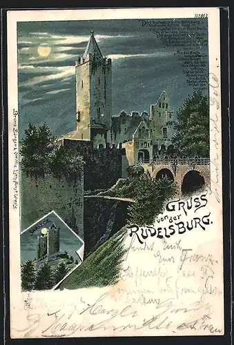 Mondschein-Lithographie Rudelsburg, Schloss, Burgruine Saaleck