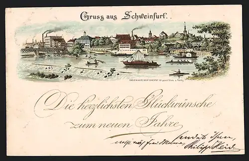Lithographie Schweinfurt, Ortspanorama mit Brücke und Schiffen aus der Vogelschau