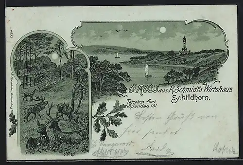 Mondschein-Lithographie Berlin-Grunewald, Gasthaus Schmidts Wirtshaus Schildhorn mit Havel, Hirsche