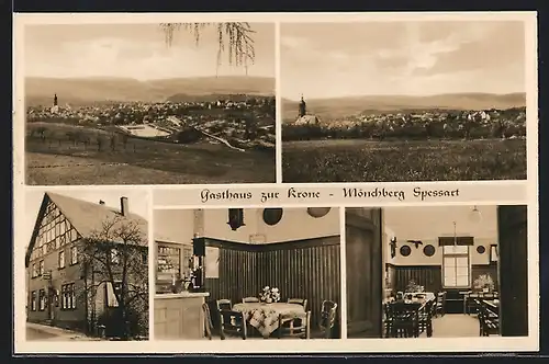 AK Mönchberg /Spessart, Gasthaus zur Krone E. Müller mit Innenansichten, Ortsansichten