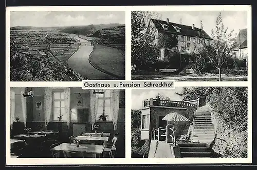 AK Schreckhof bei Mosbach /Neckartal, Gasthaus-Pension Schreckhof K. Geiger, Ortsansicht mit Neckar aus der Vogelschau