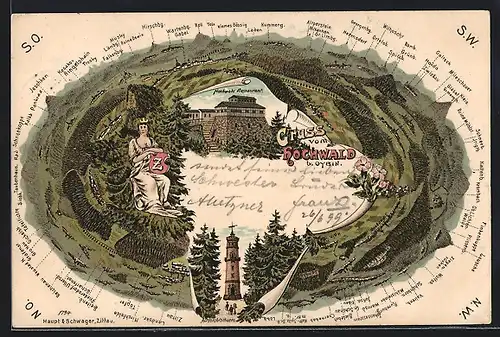Lithographie Oybin, Hochwald Restaurant, Aussichtsturm, Landkarte