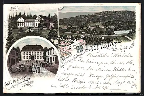 Vorläufer-Lithographie Wilhelmsthal bei Eisenach, 1895, Hotel-Restaurant zum Auerhahn H. Köhler, Schloss