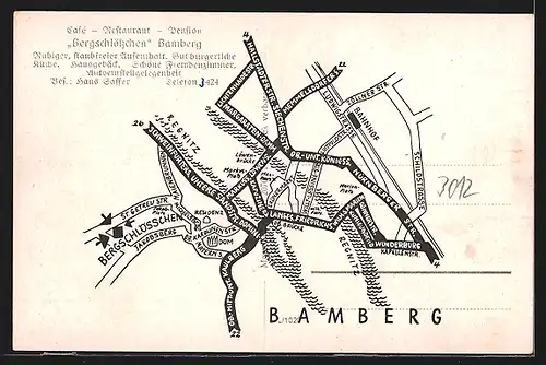 AK Bamberg, Cafe-Restaurant-Pension Bergschlösschen H. Gaffer mit Garten u. Ortsblick, rückseitig Lageplan