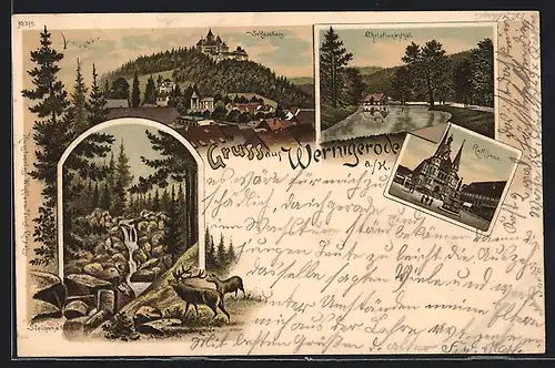 Lithographie Wernigerode a. H., Christianenthal, Steinerne Renne mit Hirschen, Ortsansicht mit Schlossberg