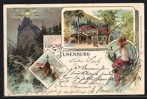 Lithographie Ilsenburg, Hotel zur Prinzessin Ilse, Ilse mit Harfe