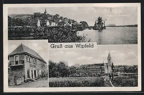 AK Wipfeld, Kolonialwarenhandlung Georg Gunkel, Ortsansicht mit Fluss