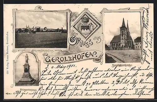 AK Gerolzhofen, Pfarrkirche, Kriegerdenkmal, Ortsansicht vom Bahnhof aus, Wappen