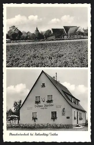 AK Oberscheckenbach bei Rothenburg /Tauber, Gasthaus Jägerstube L. Neu, Ortspanorama von einem Feld aus