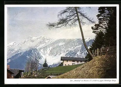 AK Mösern i. T., Hotel-Pension Menthof gegen Mieminger Berge