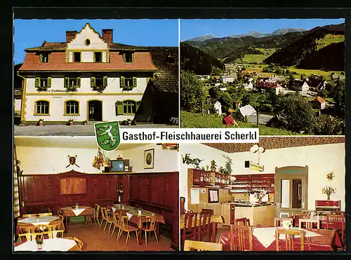 AK Möderbrugg / Steiermark, Gasthof-Fleischhauerei Scherkl, Ortsansicht aus der Vogelschau