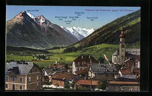 AK Fulpmes, Ortsansicht mit Kirche und Gletscherpanorama