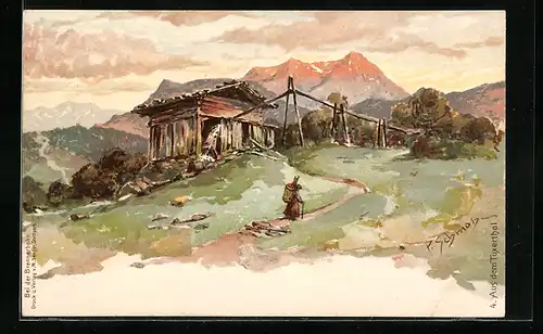 Künstler-AK P. Schmohl: Tuxerthal, Ortspartie mit Frau