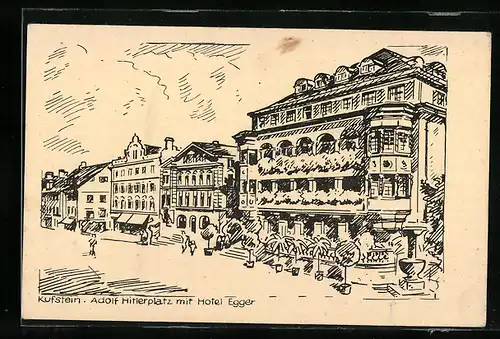 Künstler-AK Kufstein, Platz mit Hotel Egger