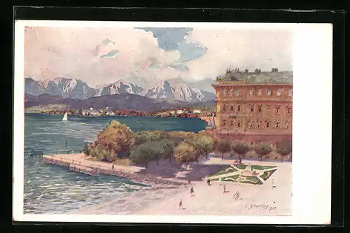 AK Gmunden, Ansicht mit Schloss, Ort und Höllengebirge