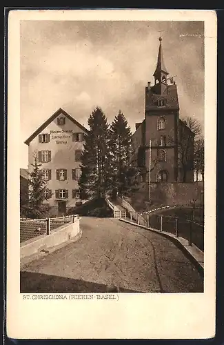 AK St. Chrischona /Riehen-Basel, Blickauf Wohnhaus und Kirche