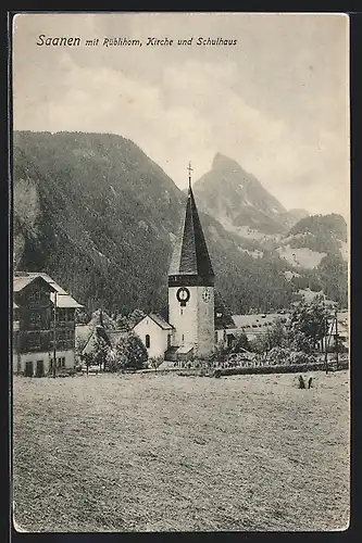 AK Saanen, Kirche, Schulhaus und Rüblihorn