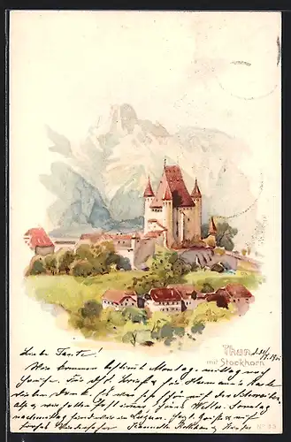 Lithographie Thun, Schloss mit Stockhorn