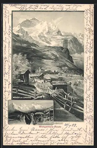 AK Wengen, Dorfpartie mit Jungfrau, Station Scheidegg