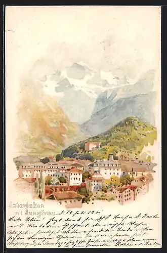 Lithographie Interlaken, Gesamtansicht mit Jungfrau