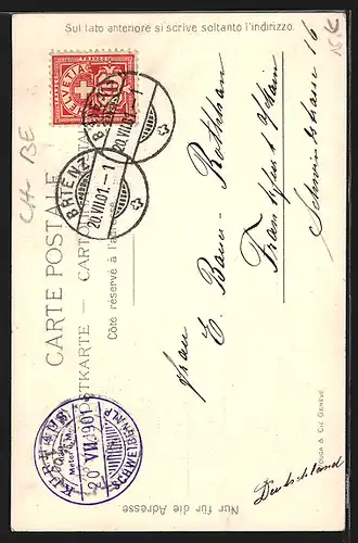 Lithographie Interlaken, Gesamtansicht mit Jungfrau