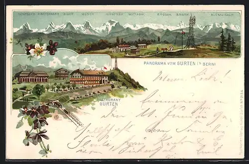 Lithographie Gurten b. Bern, Restaurant Gurten, Panorama Gebirgskette