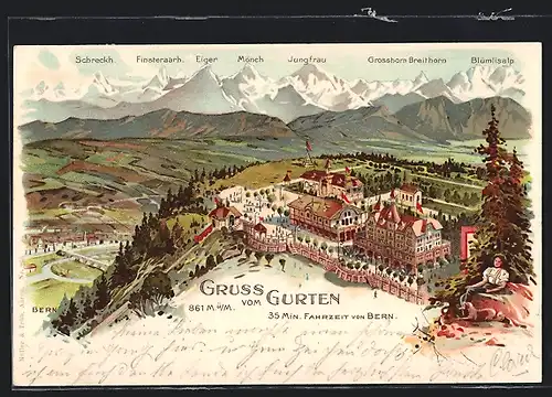Lithographie Bern, Gurten mit Mönch, Jungfrau und Blümlisalp