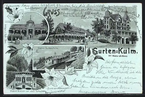 Mondschein-Lithographie Bern, Hotel und Restaurant Gurten-Kulm, Station Gurten-Kulm, Festhalle, Altes Gurten-Restaurant