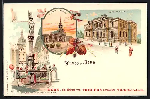 Lithographie Bern, Kunstmuseum, Heiliggeistkirche und Schützenbrunnen
