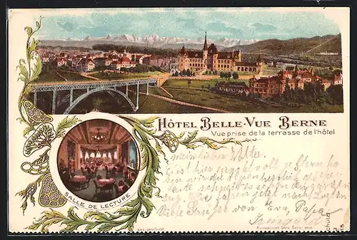Lithographie Bern, Hotel Belle-Vue, Salle de Lecture, Vue prise de la terrasse de l`hotel