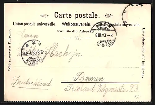 Lithographie Bern, Hotel Belle-Vue, Salle de Lecture, Vue prise de la terrasse de l`hotel