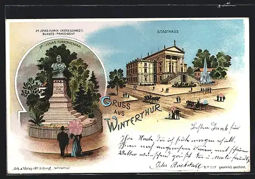 Lithographie Winterthur, Stadthaus, Jonas Furrer-Denkmal