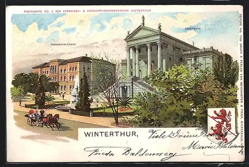 Lithographie Winterthur, Primarschulhaus nebst dem Stadthaus