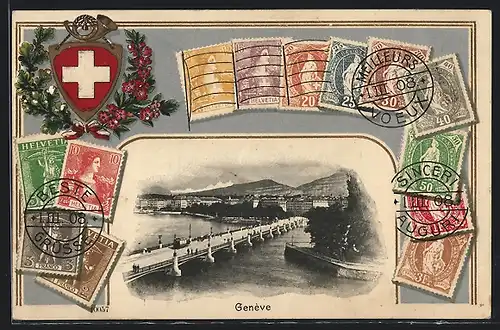 Präge-AK Genève, Flusspartie mit Brücke, Briefmarken und Wappen